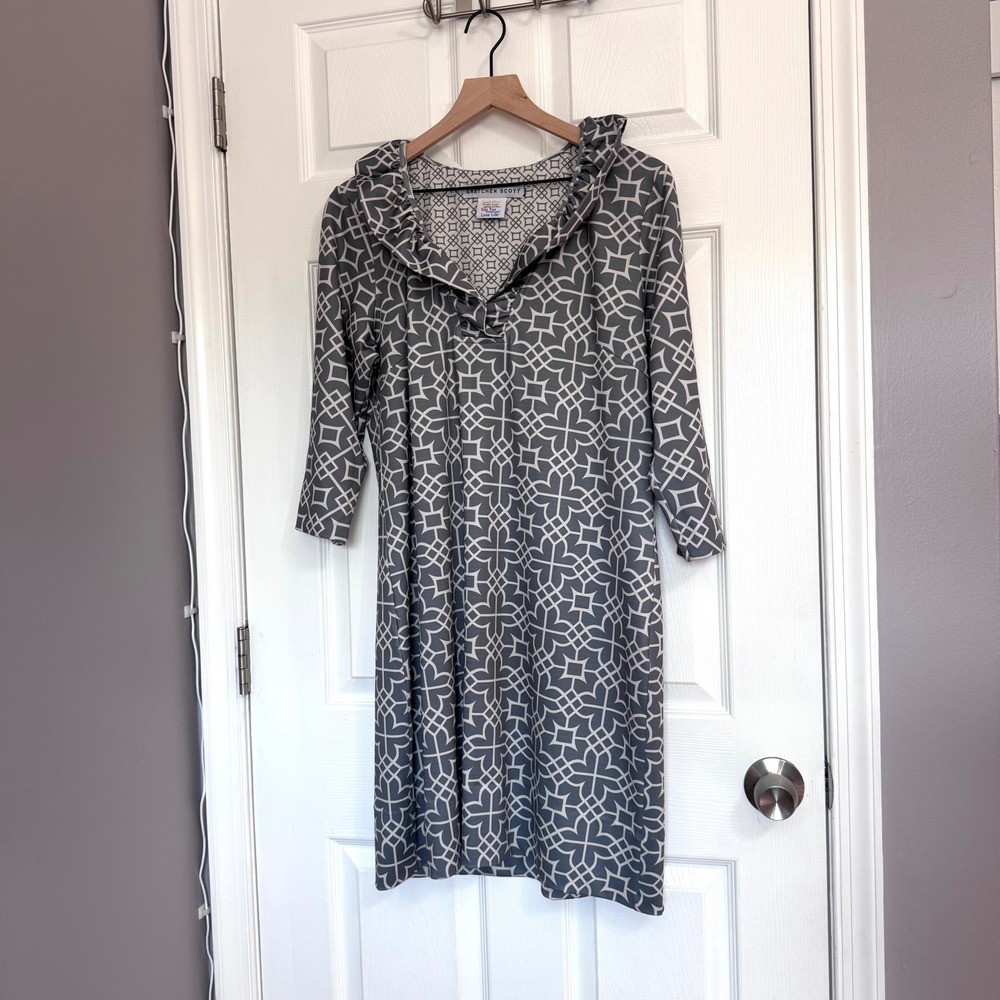 Gretchen Scott Geometric Ruffle Shift Dress Large Preppy Stretch Neutral 3/4Slv